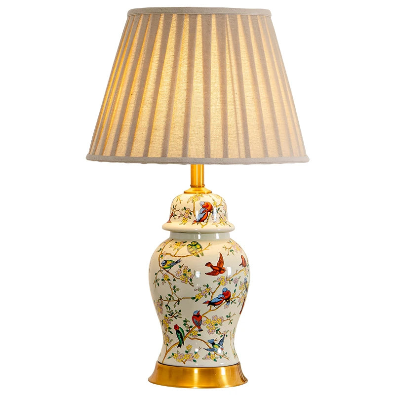 Floral Bird Ceramic Table Lamp with Fabric Shade for Bedroom Study