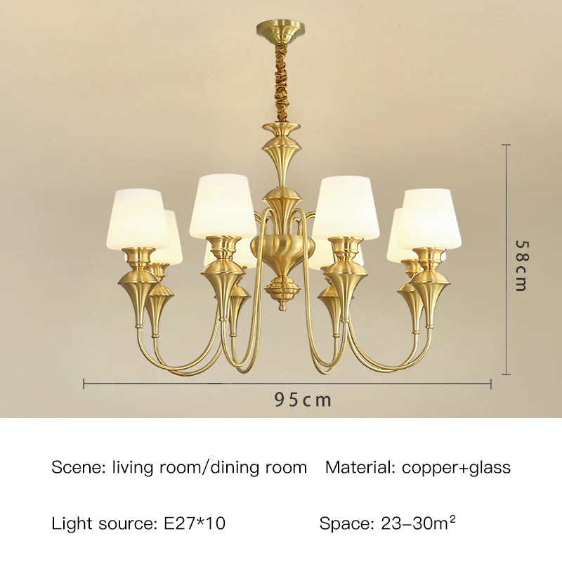 Classic Copper Ceiling Chandelier with Frosted Glass Shades for Living Room