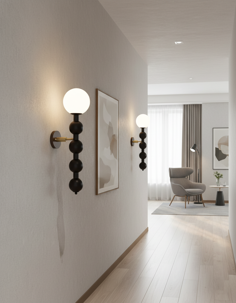 Selene Kugelwandleuchte mit Nussbaum-Perlmuttdesign und warmem Licht