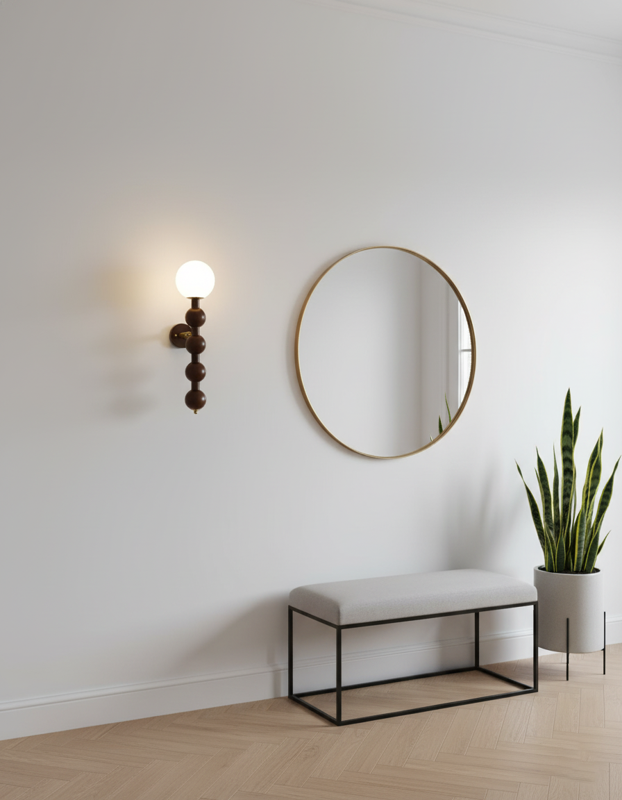 Selene Kugelwandleuchte mit Nussbaum-Perlmuttdesign und warmem Licht