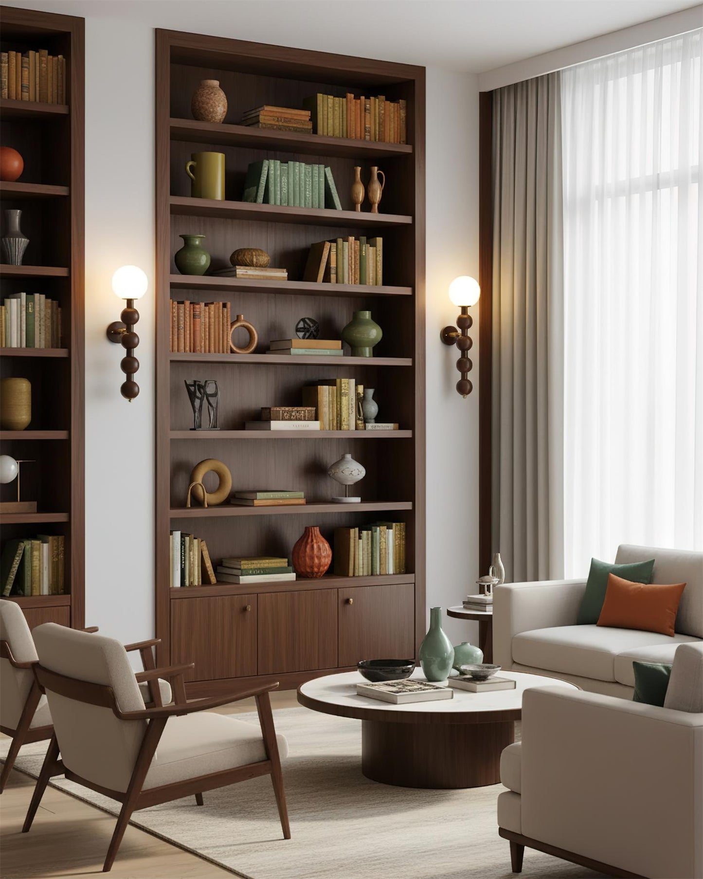Selene Kugelwandleuchte mit Nussbaum-Perlmuttdesign und warmem Licht