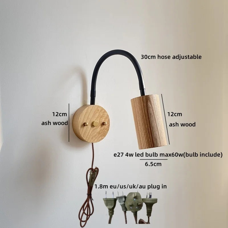 Élise Nordic Ash Wood LED Wall Lamp Pull Chain E27