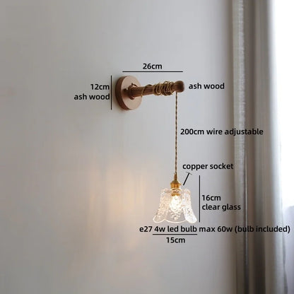 Madeleine Vintage Brass Wall Lamp with Ash Wood Base