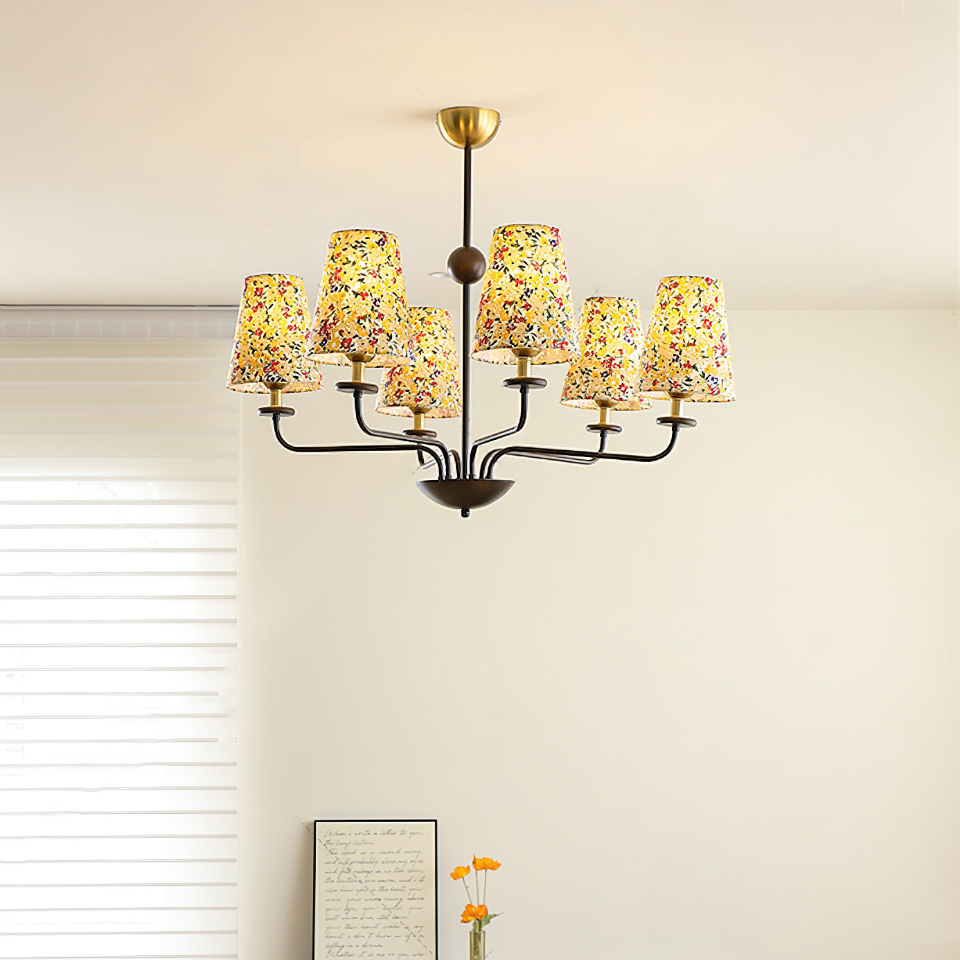 Camille Fabric Chandelier, Floral Shades with Metal Frame