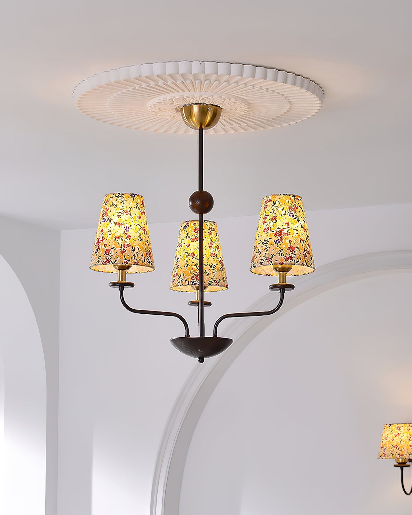 Camille Fabric Chandelier, Floral Shades with Metal Frame