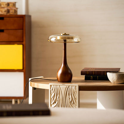 Élise Tischleuchte aus Glas mit Holzfuß und LED-Dimmer