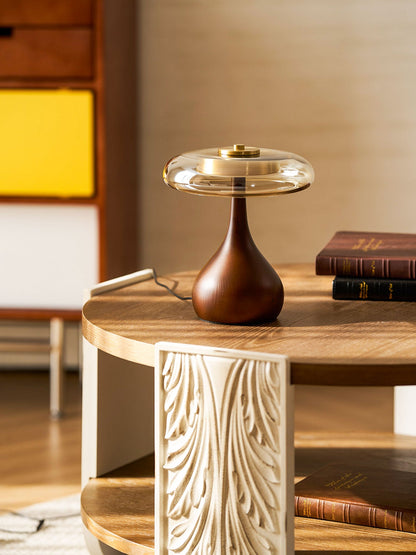 Élise Tischleuchte aus Glas mit Holzfuß und LED-Dimmer