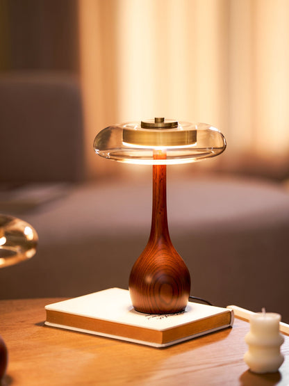 Élise Tischleuchte aus Glas mit Holzfuß und LED-Dimmer