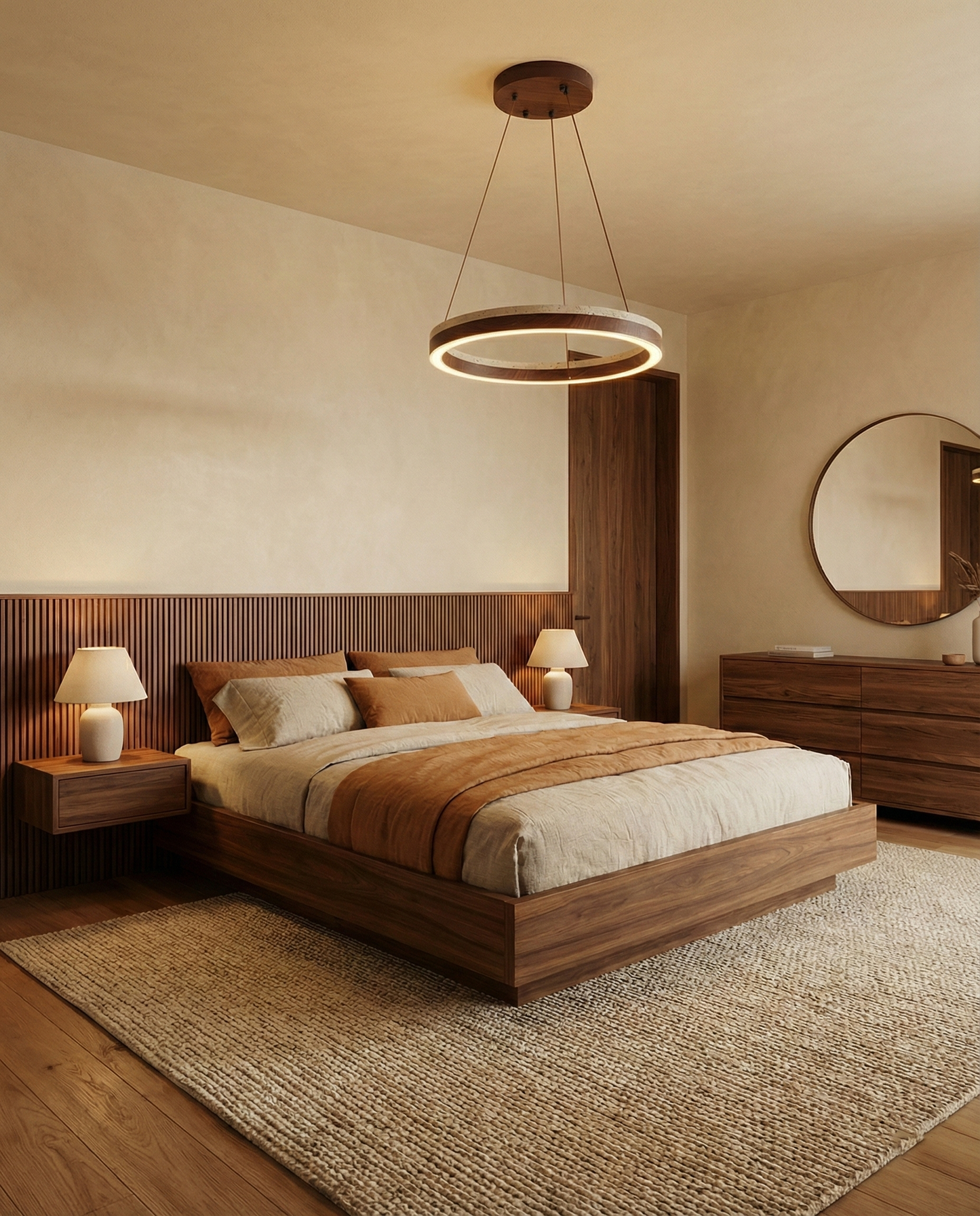 Aurélien Ring Kronleuchter, Travertin und Holz LED Design