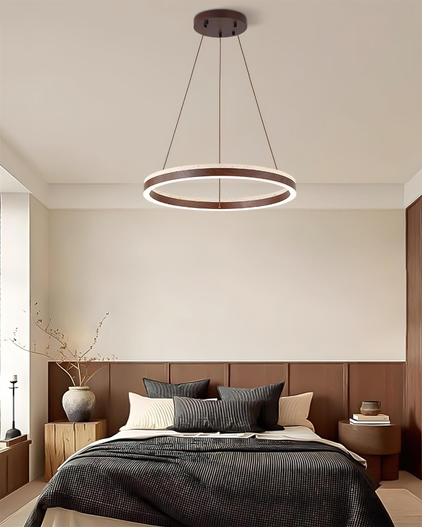 Aurélien Ring Kronleuchter, Travertin und Holz LED Design