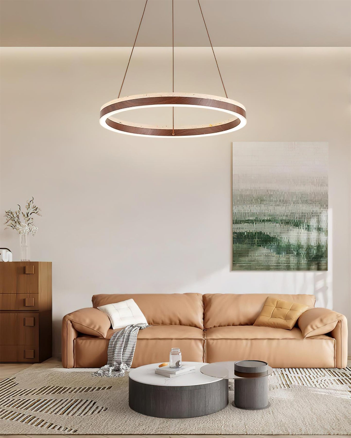 Aurélien Ring Kronleuchter, Travertin und Holz LED Design