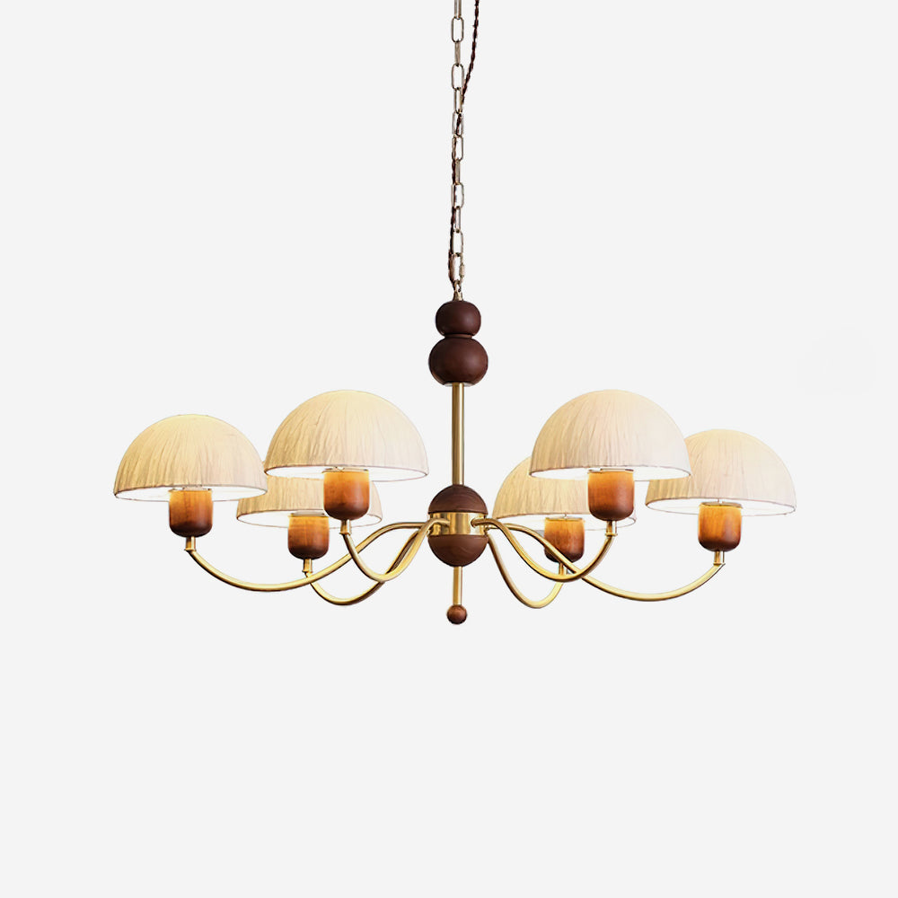 Manon Chandelier, Wooden Beads with Curved Metal Arms and Soft Shades