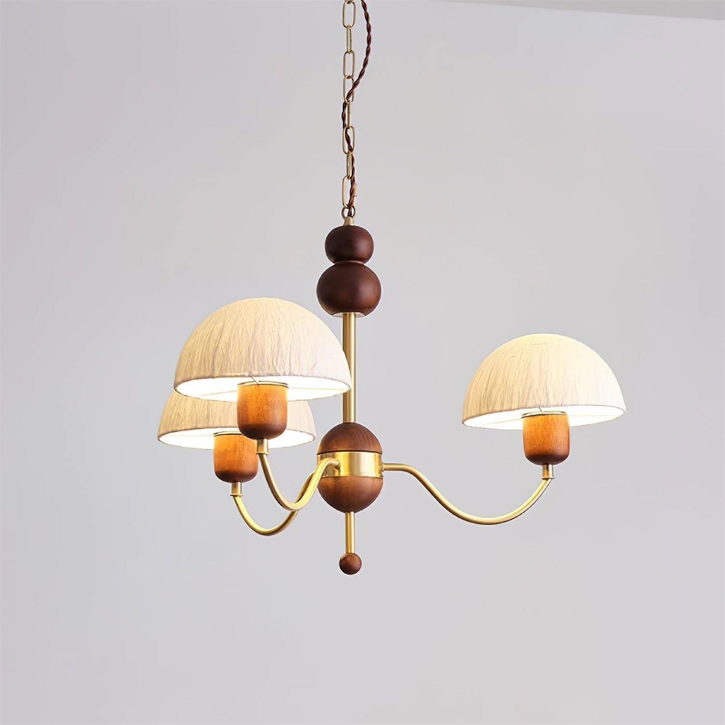 Manon Chandelier, Wooden Beads with Curved Metal Arms and Soft Shades