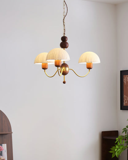 Manon Chandelier, Wooden Beads with Curved Metal Arms and Soft Shades