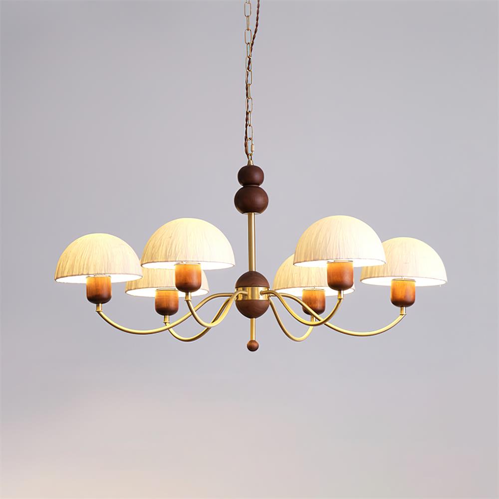 Manon Chandelier, Wooden Beads with Curved Metal Arms and Soft Shades