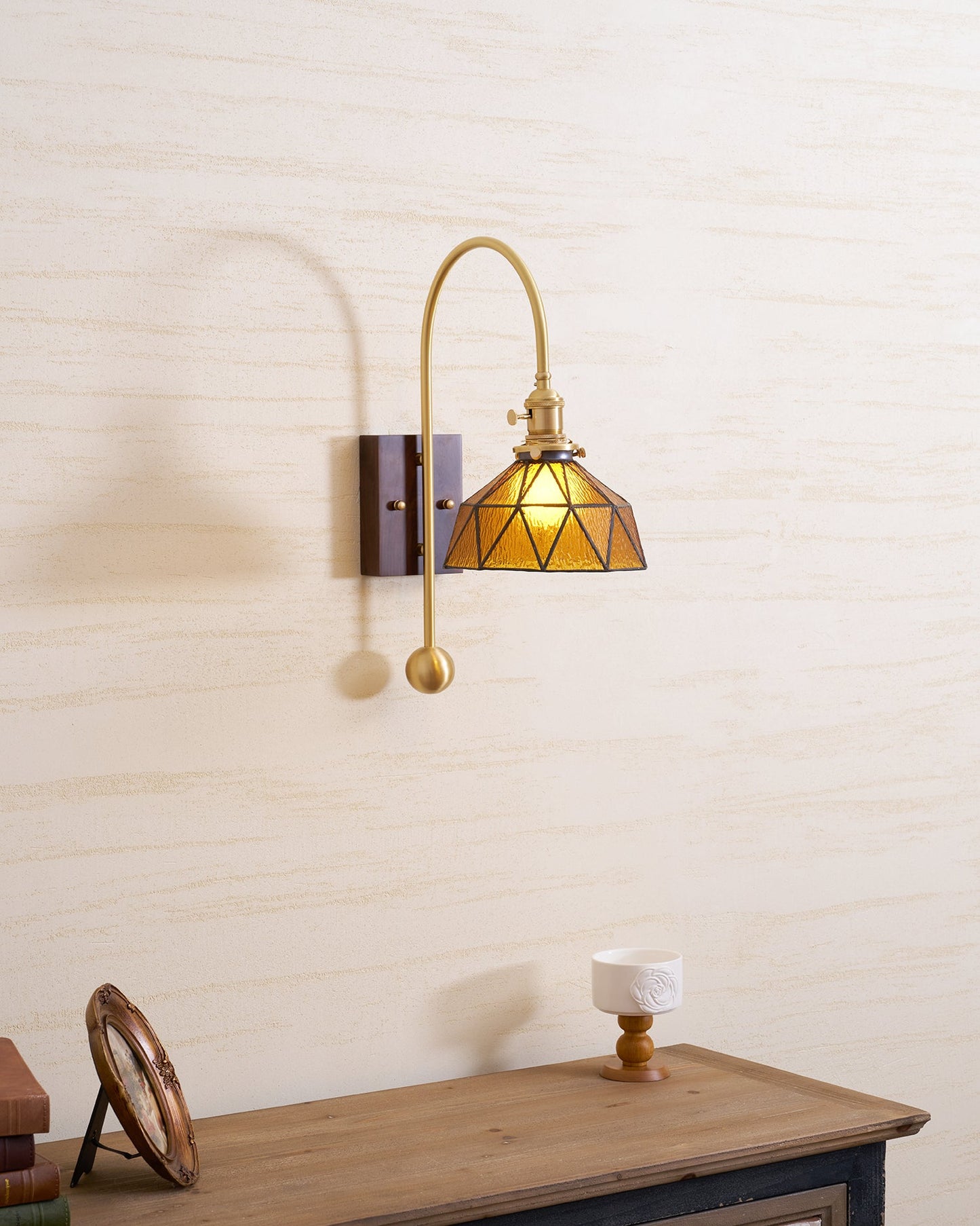 Juliette Tiffany Wall Light Brass Walnut and Glass Lighting