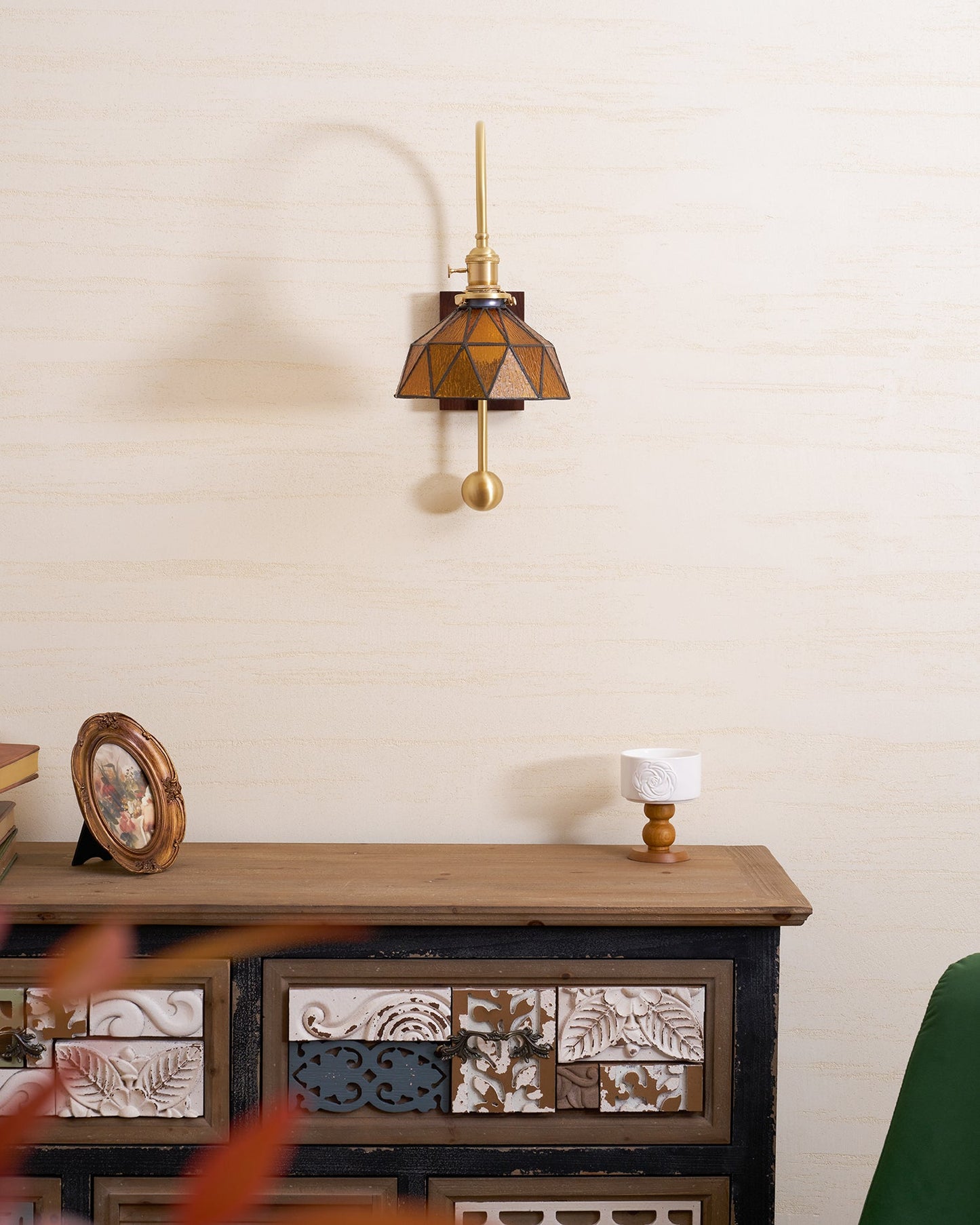 Juliette Tiffany Wall Light Brass Walnut and Glass Lighting