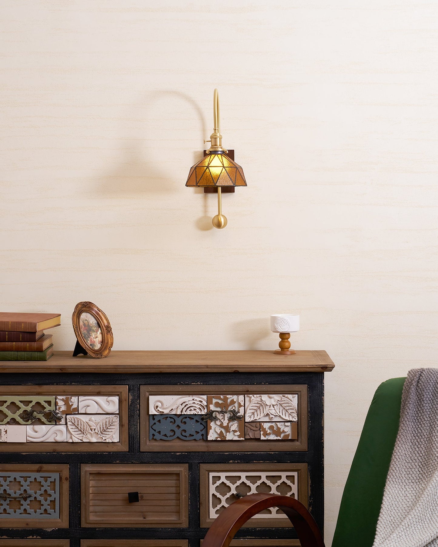 Juliette Tiffany Wall Light Brass Walnut and Glass Lighting