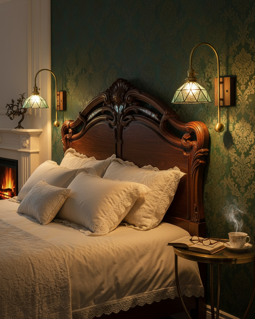 Juliette Tiffany Wall Light Brass Walnut and Glass Lighting