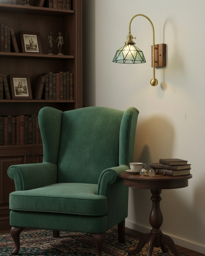 Juliette Tiffany Wall Light Brass Walnut and Glass Lighting