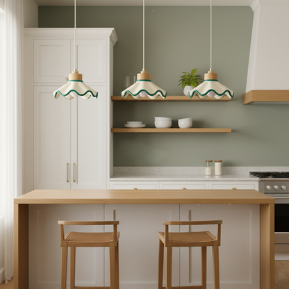 Juliette Pendant Lamp, Scalloped Resin Shade with Wood Accent