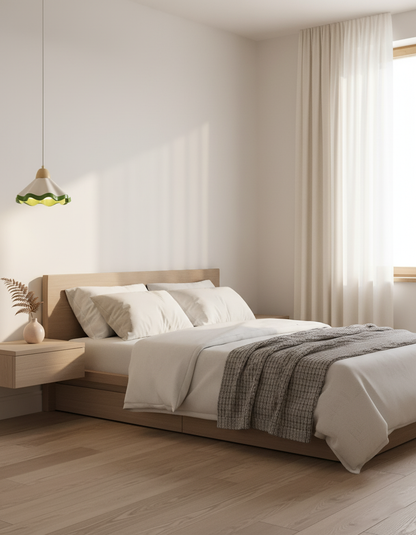 Juliette Pendant Lamp, Scalloped Resin Shade with Wood Accent