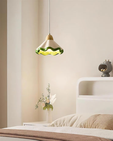 Juliette Pendant Lamp, Scalloped Resin Shade with Wood Accent