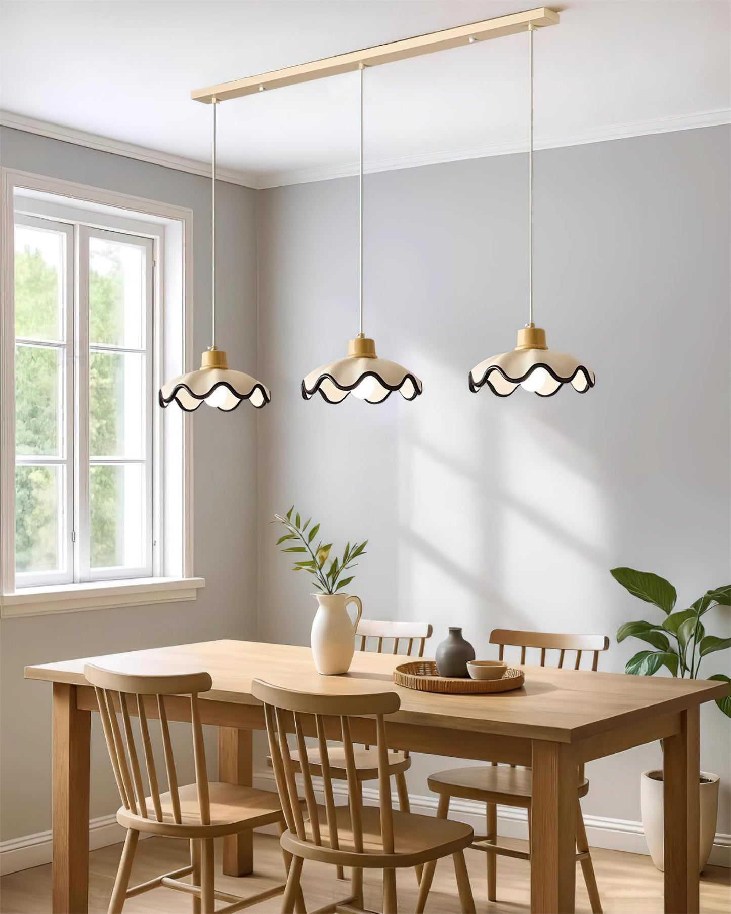 Juliette Pendant Lamp, Scalloped Resin Shade with Wood Accent