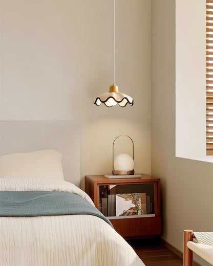 Juliette Pendant Lamp, Scalloped Resin Shade with Wood Accent