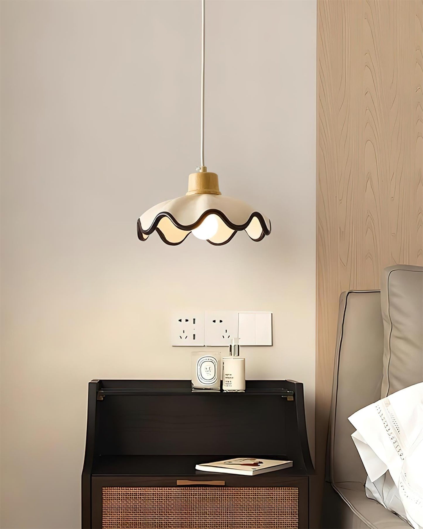 Juliette Pendant Lamp, Scalloped Resin Shade with Wood Accent