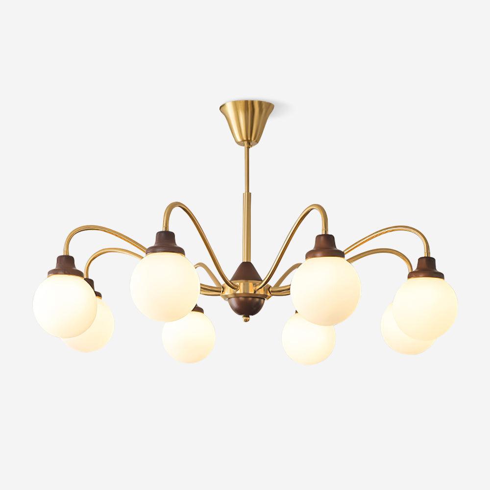 Lucienne Retro-Kronleuchter, Rahmen aus Nussbaumholz mit Glasschirmen