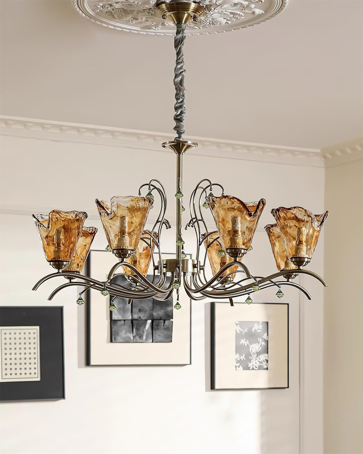 Auriane Glass Chandelier, Amber Shades with Crystal Accents