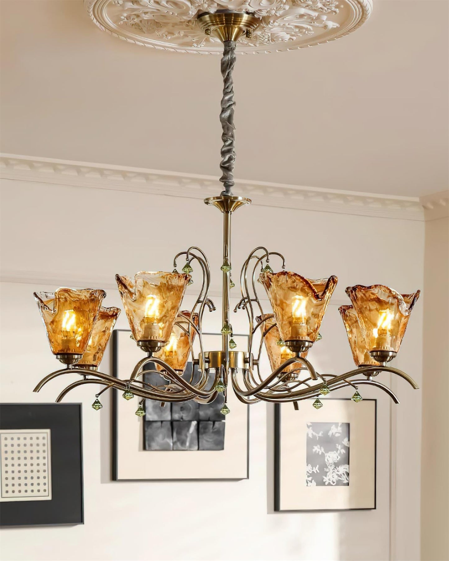 Auriane Glass Chandelier, Amber Shades with Crystal Accents