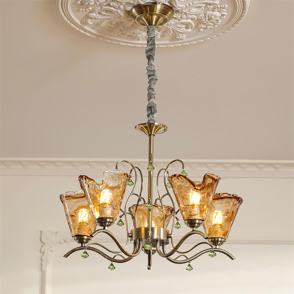Auriane Glass Chandelier, Amber Shades with Crystal Accents