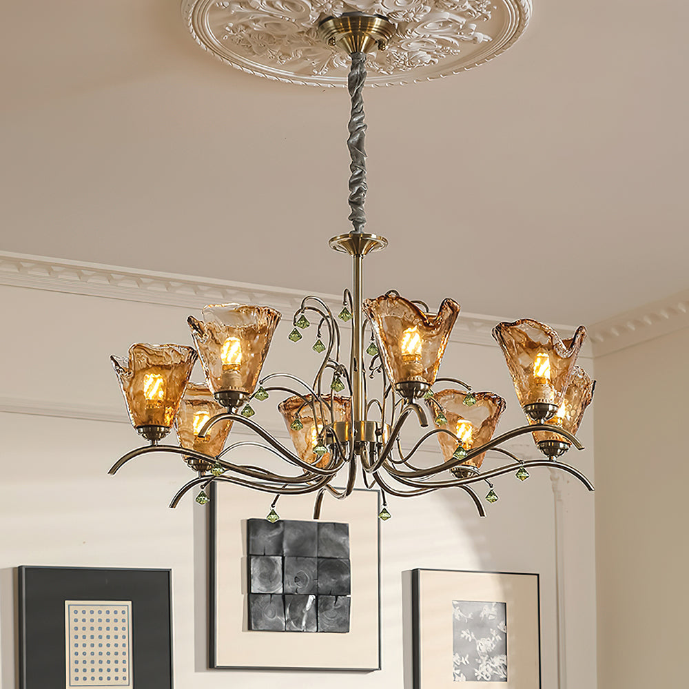Auriane Glass Chandelier, Amber Shades with Crystal Accents
