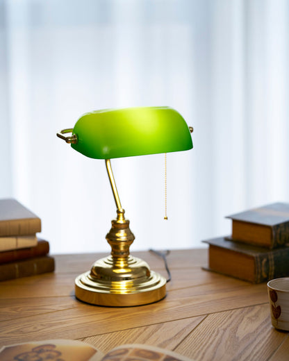 Colette Vintage Bankierlampe mit grünem Glasschirm