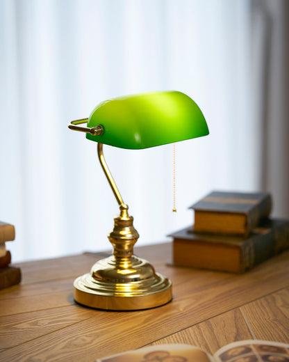 Colette Vintage Bankierlampe mit grünem Glasschirm