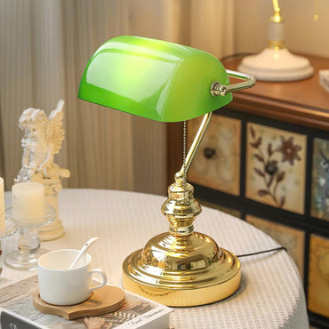 Colette Vintage Bankers Table Lamp with Green Glass Shade