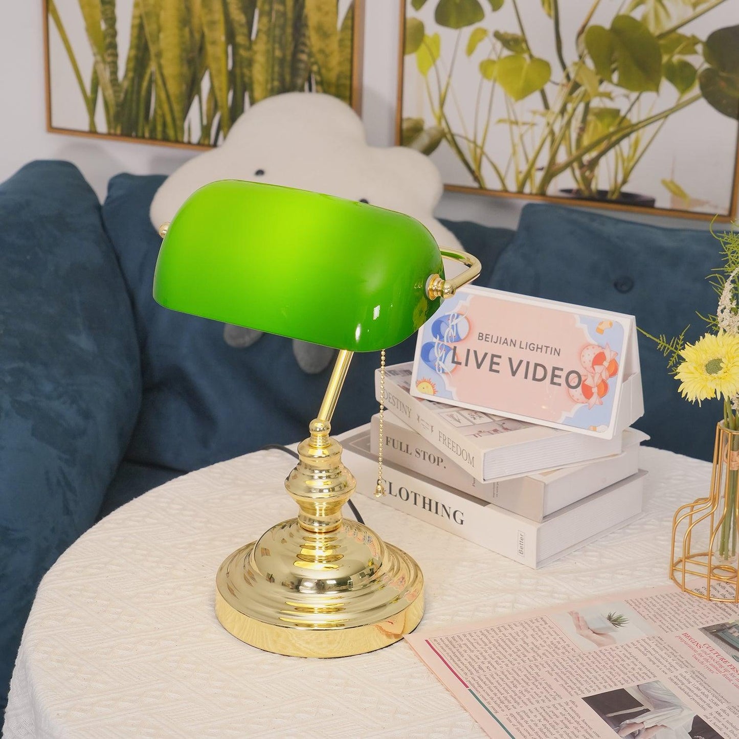 Colette Vintage Bankierlampe mit grünem Glasschirm