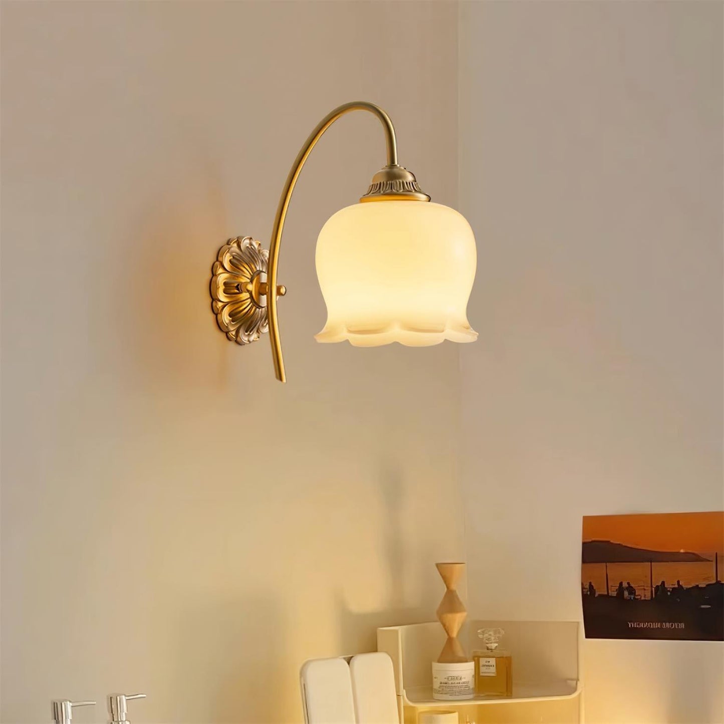 Mia Vintage Wall Lamp with Gold Finish and Beige Bell Orchid Accent