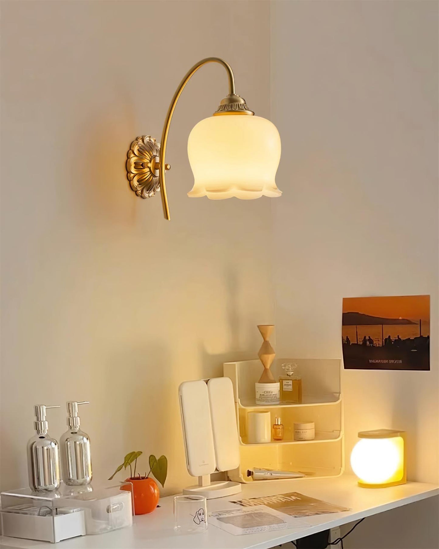 Mia Vintage Wall Lamp with Gold Finish and Beige Bell Orchid Accent