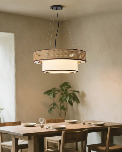 Camille Wicker Chandelier, Rattan Frame with Fabric Shade