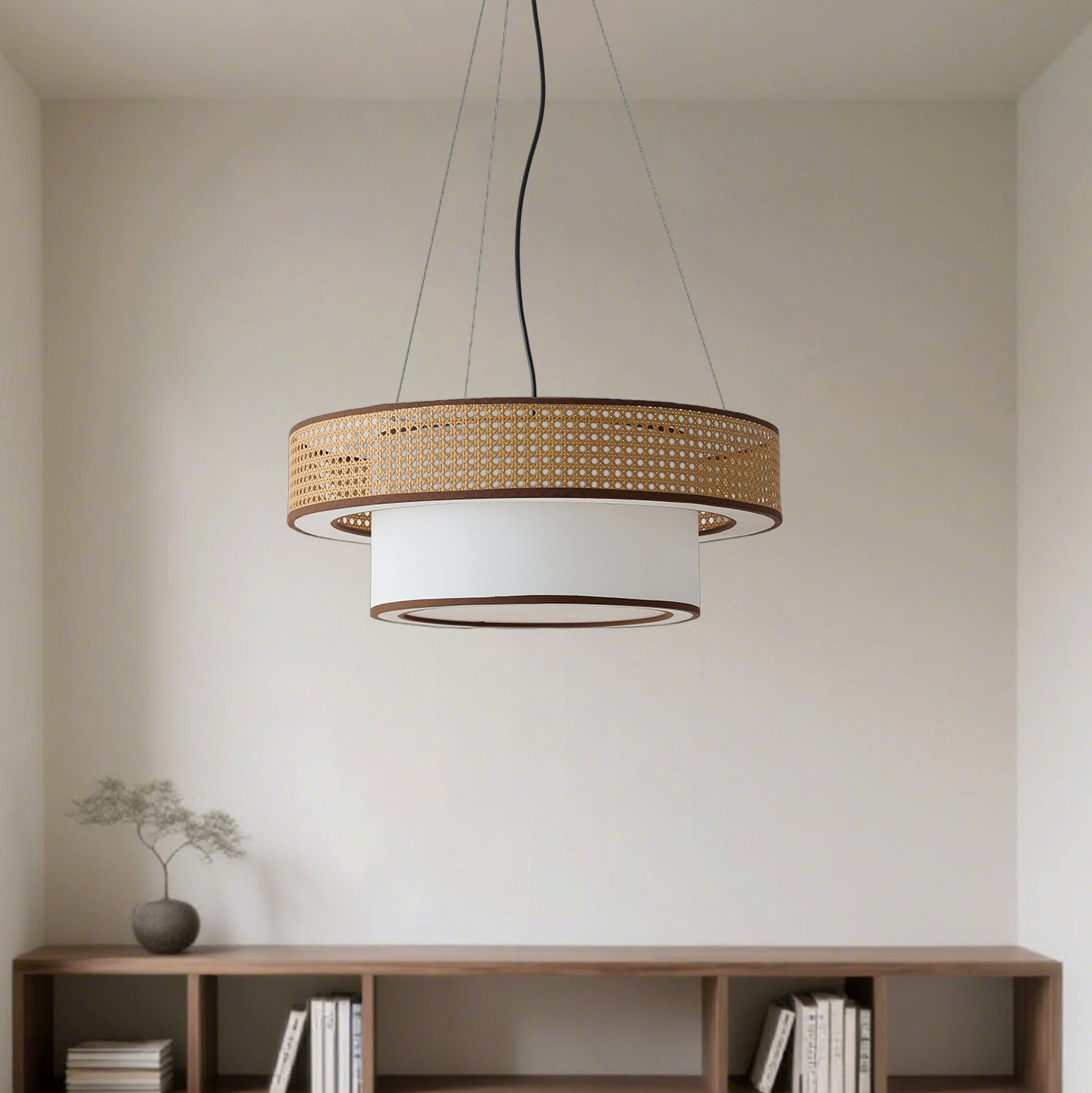 Camille Wicker Chandelier, Rattan Frame with Fabric Shade