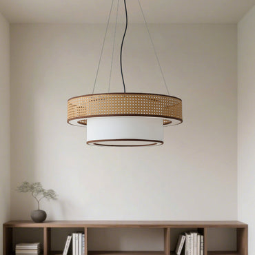 Camille Wicker Chandelier, Rattan Frame with Fabric Shade