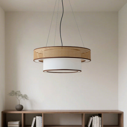 Camille Wicker Chandelier, Rattan Frame with Fabric Shade