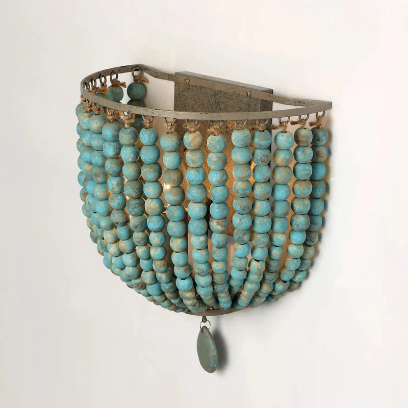 Camille Wooden Bead Cascade Wall Lamp Boho Rustic Sconce Light