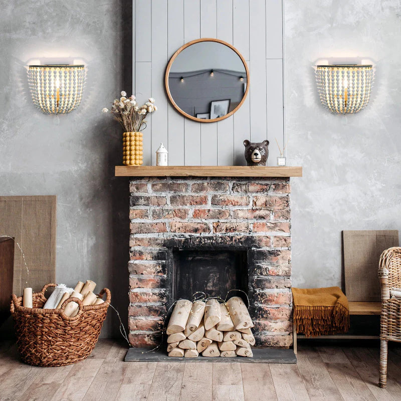 Camille Wooden Bead Cascade Wall Lamp Boho Rustic Sconce Light