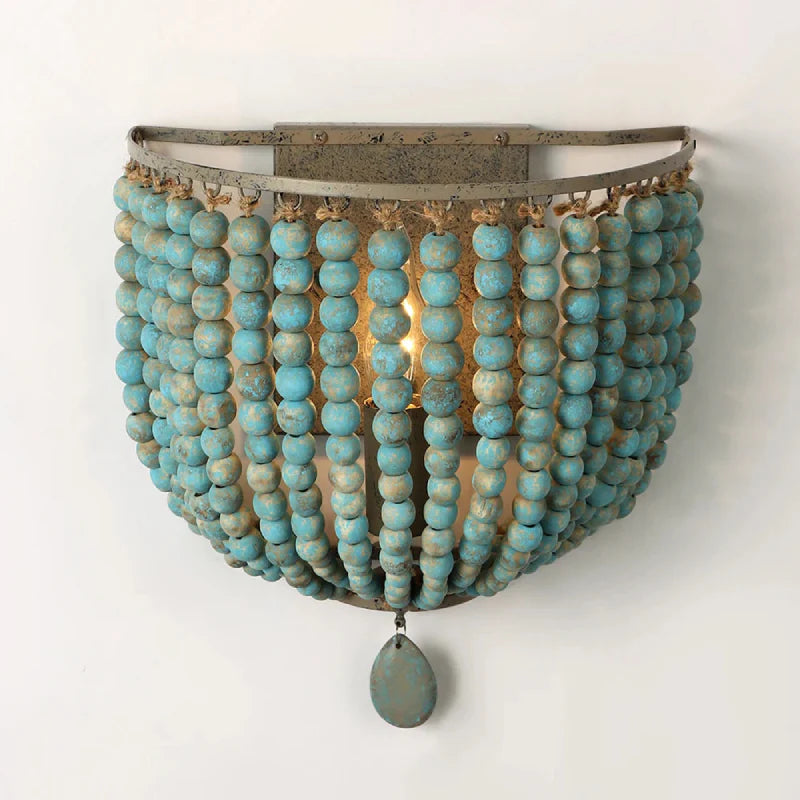 Camille Wooden Bead Cascade Wall Lamp Boho Rustic Sconce Light