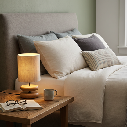 Camille Wooden River Rock Tischlampe mit Stoffschirm