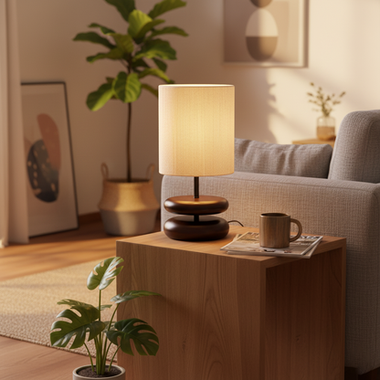 Camille Wooden River Rock Tischlampe mit Stoffschirm